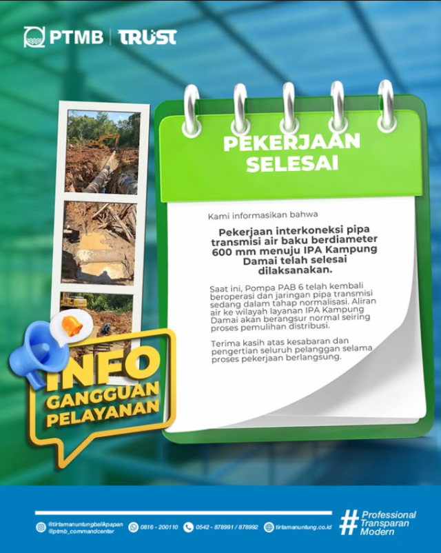 Pekerjaan Interkoneksi Pipa Transmisi Air Baku IPA Kampung Damai telah selesai