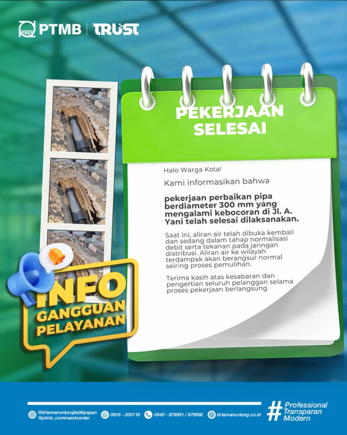 Pekerjaan perbaikan kebocoran pipa berdiameter 300mm di Jl. A Yani telah selesai