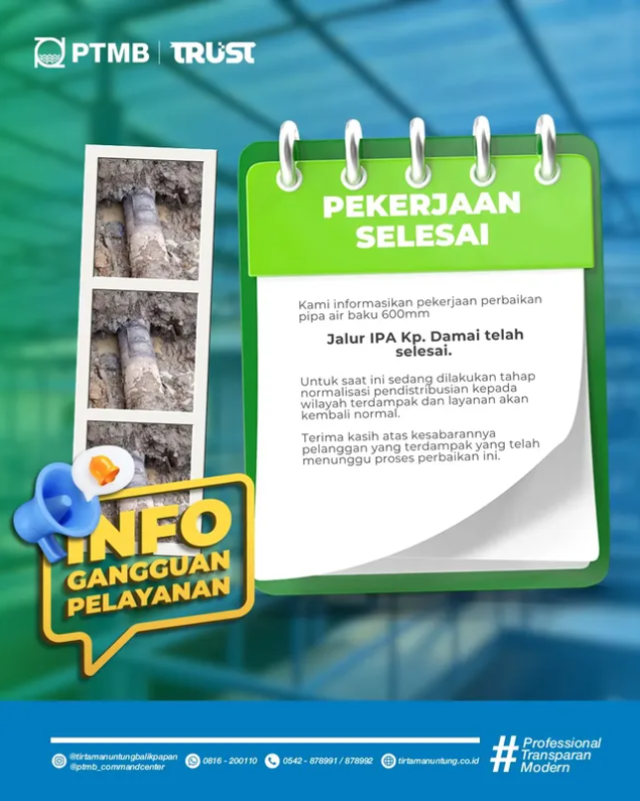 Pekerjaan Perbaikan Pipa Air Baku 600m di Jalur IPA Kp. Damai telah Selesai