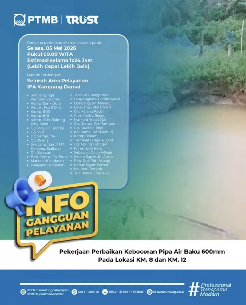Perbaikan Kebocoran Pipa Air Baku 600mm pada Lokasi KM. 8 dan KM. 12