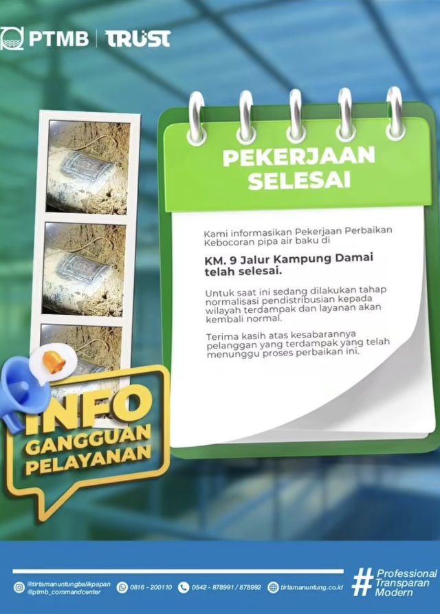 Perbaikan Kebocoran Pipa di KM. 9 telah Selesai