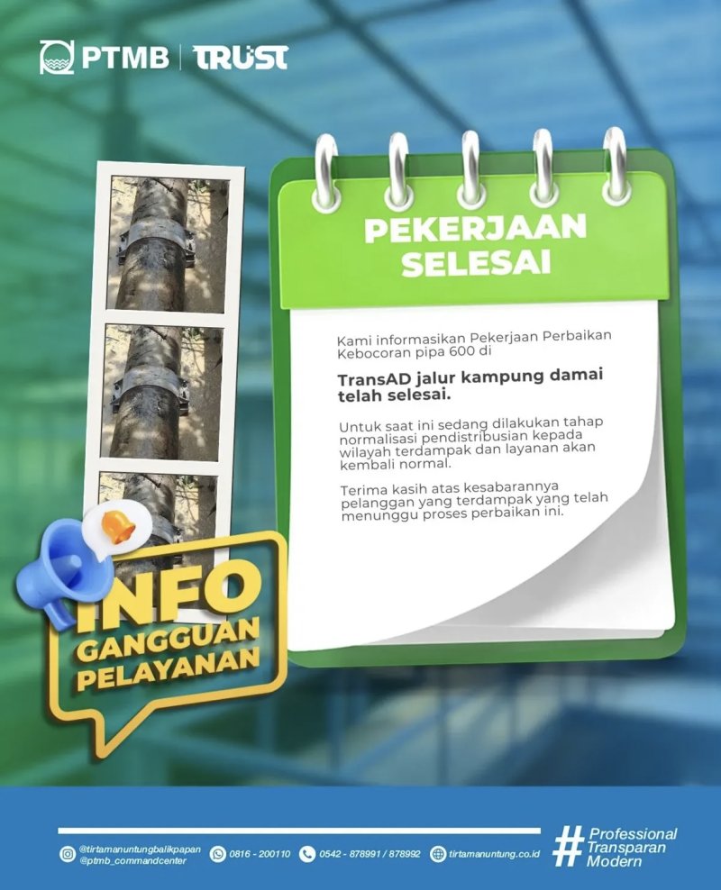 Pekerjaan Perbaikan Kebocoran Pipa di Trans AD, tuntas!