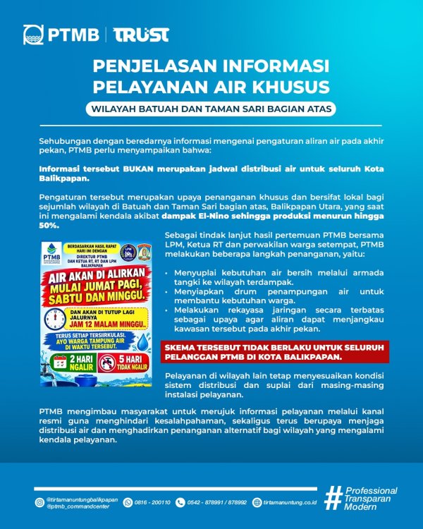 PENJELASAN INFORMASI PELAYANAN AIR KHUSUS WILAYAH BATUAH DAN TAMAN SARI BAGIAN ATAS