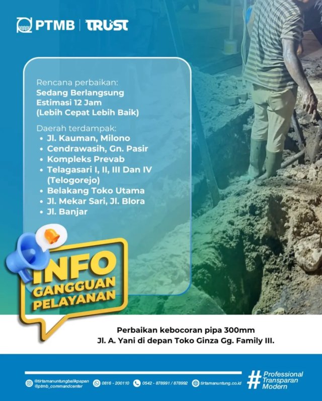 Rencana Perbaikan Kebocoran Pipa 300mm di Jl. A. Yani di depan Toko Ginza Gg. Family III.