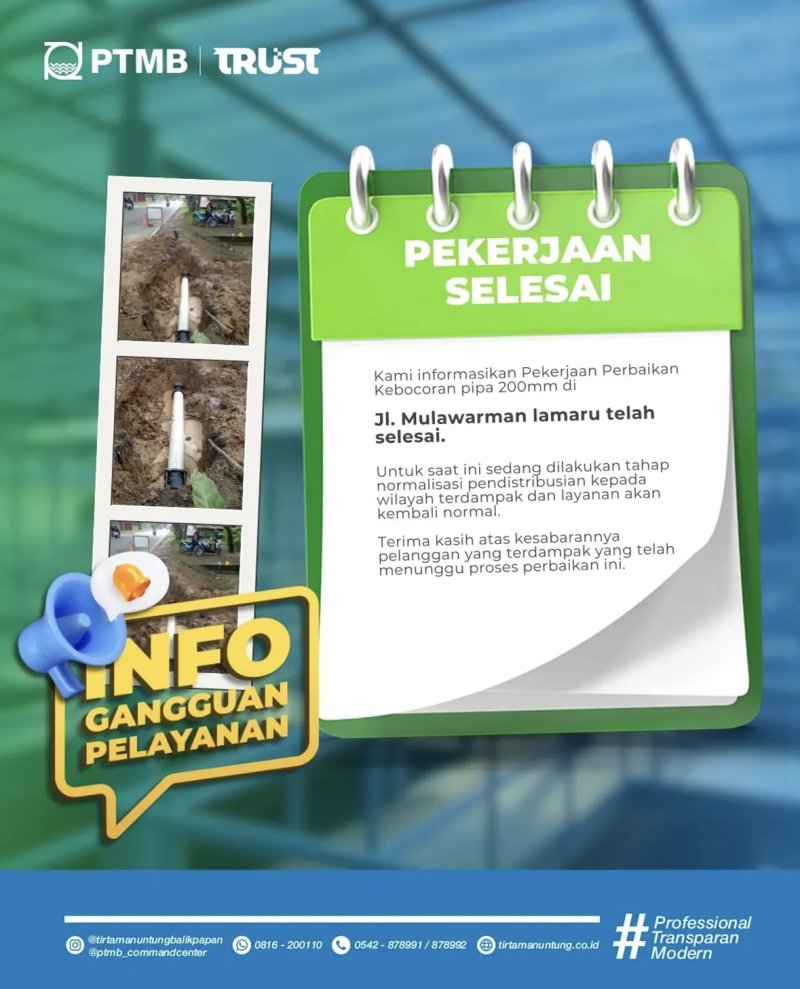 Pekerjaan Perbaikan Kebocoran Pipa 200mm di Jl. Mulawarman Lamaru Telah Selesai