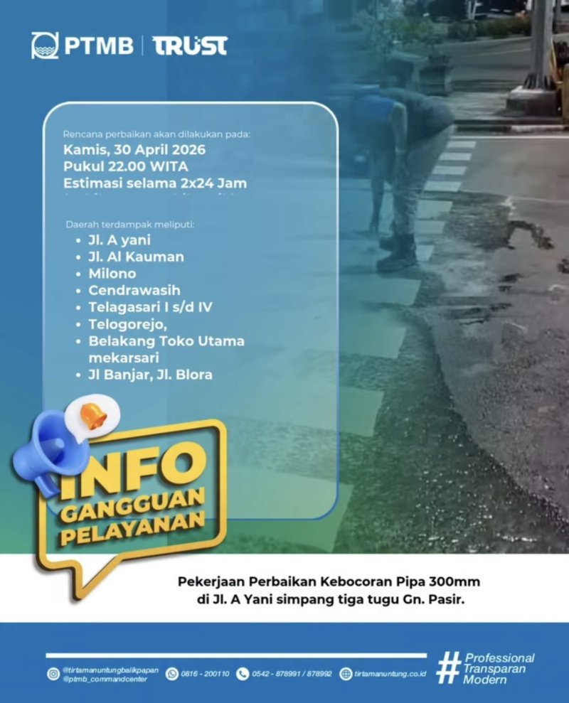 Perbaikan Kebocoran Pipa 300mm di JL. A. Yani Simpang Tiga Tugu Gn. Pasir