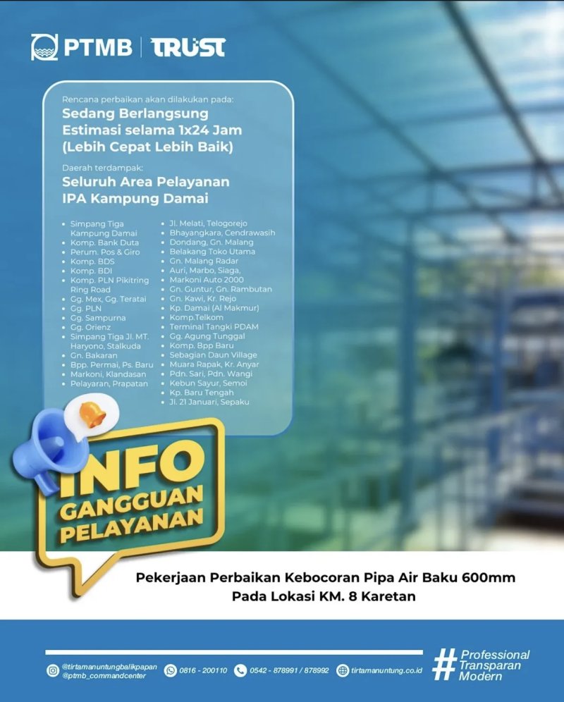 Perhatian! Perbaikan Kebocoran Pipa Air Baku di KM. 8 Karetan