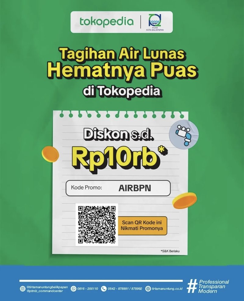 Diskon Tagihan Air PTMB melalui Tokopedia!