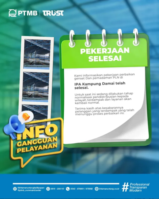 Pekerjaan Perbaikan Genset dan Pemadaman PLN di IPA Kampung Damai telah Selesai