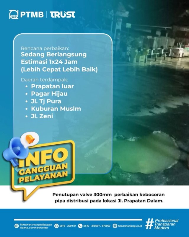 Rencana Penutupan valve 300mm dan Perbaikan Kebocoran Pipa Distribusi pada lokasi Jl. Prapatan Dalam