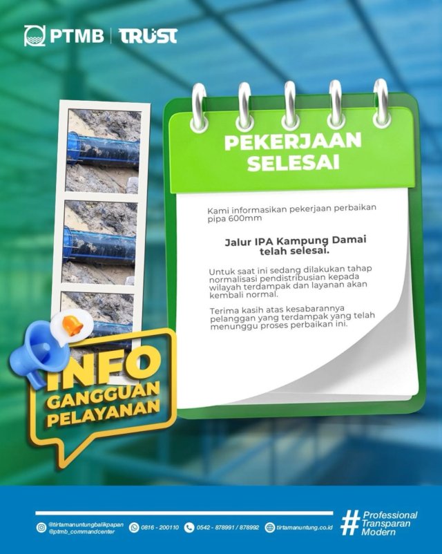 Pekerjaan Selesai Jalur IPA Kampung Damai