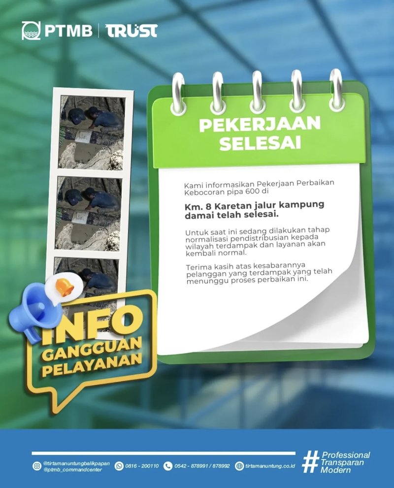 Pekerjaan Perbaikan Kebocoran Pipa 600 di KM. 8 Karetan telah Selesai