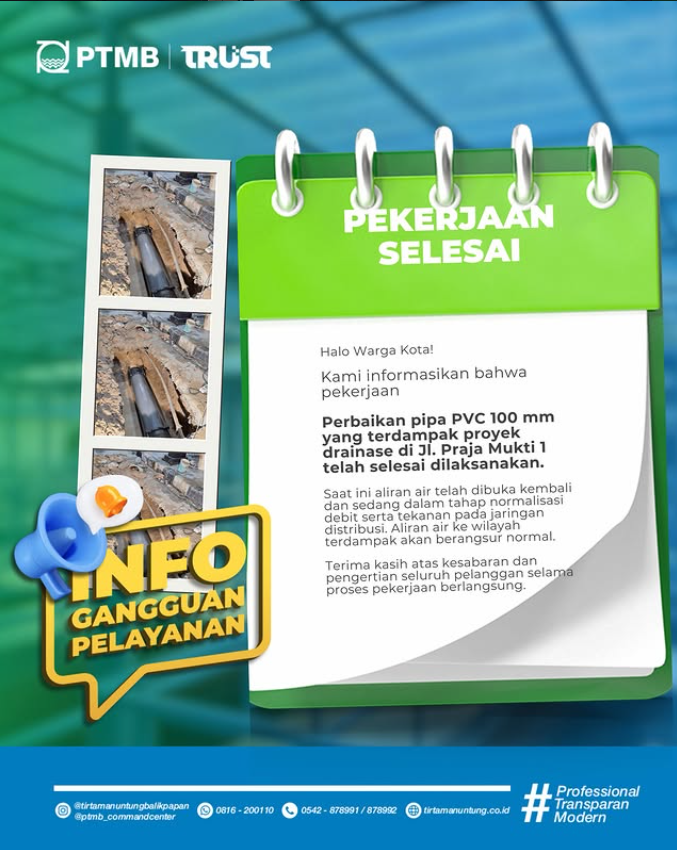 Perbaikan pipa PVC 100mm yang terdampak proyek di Jl. Praja Mukti 1 telah selesai dikerjakan